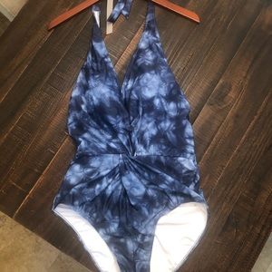 Deep halter tie die swimsuit.